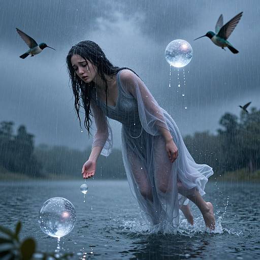 Photograph of a wet, long-haired woman in a translucent dress creating glowing bubbles while standing in a rain-soaked lake, with hummingbirds flying in