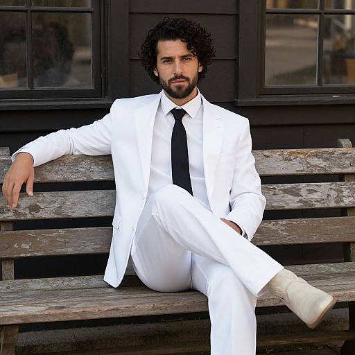 Photograph of a handsome, bearded man with curly black hair, wearing a sharp white suit and black tie, sitting on a weathered wooden bench