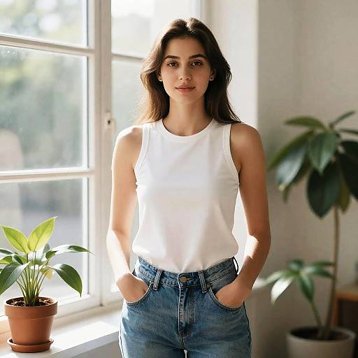 Young Woman by Window with Plants