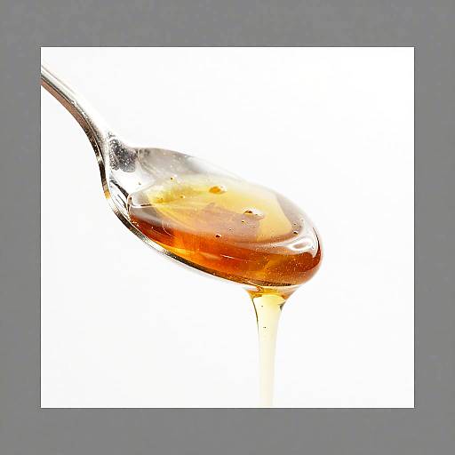 Photograph of a glass spoon dripping golden honey with a white background, framed by a gray border.