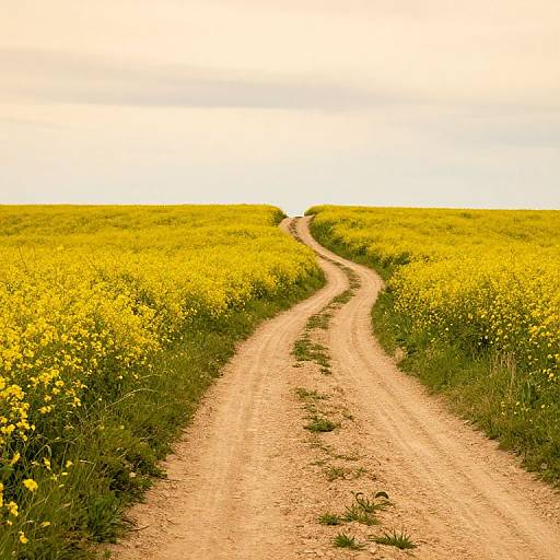 Photograph of a narrow, winding dirt road cutting through a vast, sunlit yellow wildflower field under a bright, clear sky.