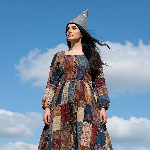 Photograph of a woman with long black hair, wearing a gray cone hat and patchwork dress, standing against a bright blue sky with white clouds.