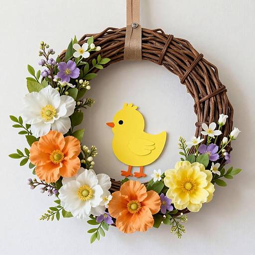 Colorful wreath with yellow bird, orange, white, yellow flowers, purple blossoms, green leaves, hanging from brown twisted vine. Digital illustration