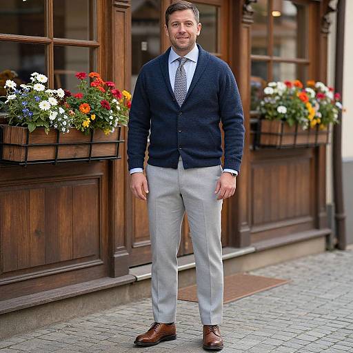 Photograph of a handsome, bearded man in a navy cardigan, light gray pants, brown shoes, and patterned tie, standing outside a