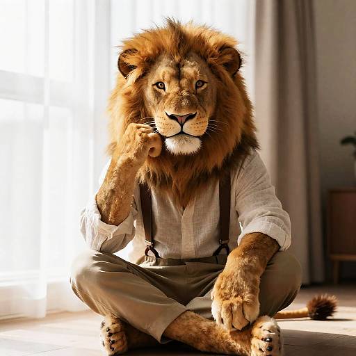 Cheerful Lion Boy Sitting by Window