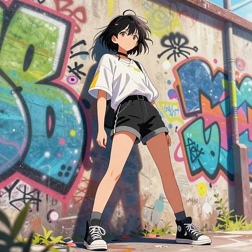 Anime-style drawing of a black-haired girl in a white T-shirt and black shorts, standing confidently against a vibrant, graffiti-covered wall.