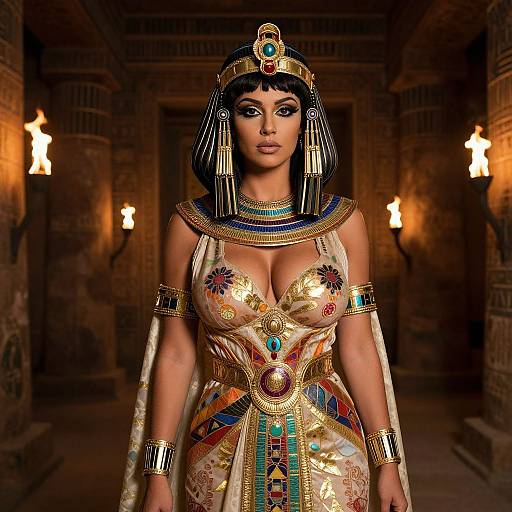 Photograph of a curvy woman with tan skin, large breasts, and dark hair in an Egyptian-inspired outfit with gold, blue, and red accents