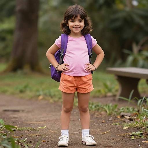 Smiling Girl with Purple Backpack Outdoors