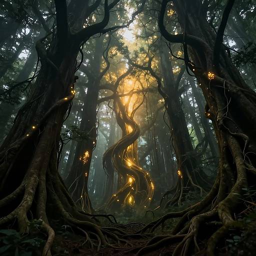 Photograph of a mystical forest with twisted, glowing trees illuminated by ethereal golden lights, surrounded by dense, shadowy foliage.