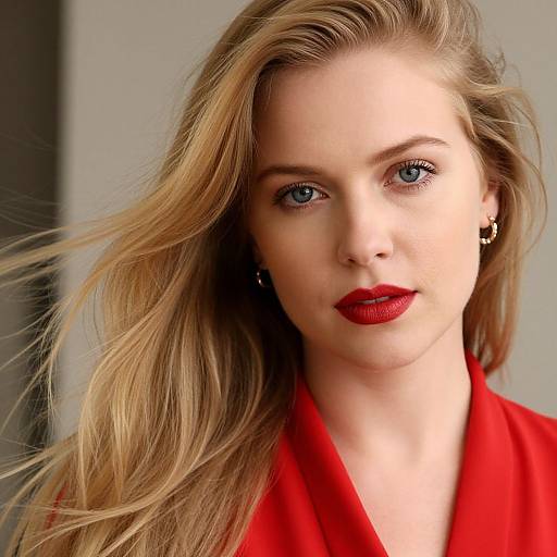 Photograph of a blonde woman with blue eyes, wearing red lipstick and a red garment, her windswept hair, and subtle earrings.