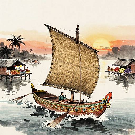 Sumi-e Malay Proa at Tropical Harbor