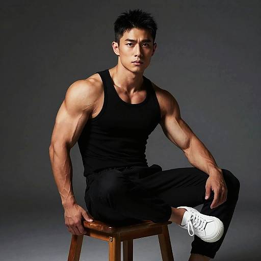 Muscular Asian Man on Wooden Stool