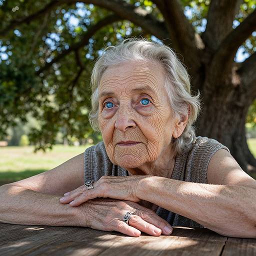 Photograph of an elderly woman with white hair and blue eyes, wearing a gray sleeveless top, resting her hands on a wooden table under a tree