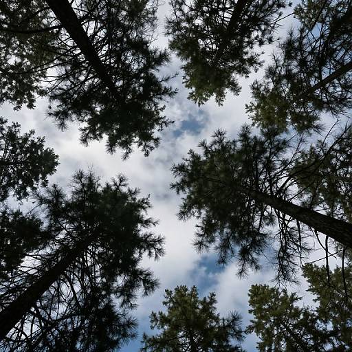 Photograph of tall, dark pine trees with dense, needle-like foliage, viewed from below, against a bright, partly cloudy sky.