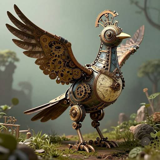Steampunk mechanical bird with gears, clockwork wings, and map on belly stands in a misty forest garden, blending nature and machinery.