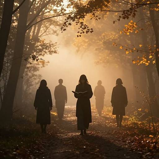 Silhouetted group of five people walking on a foggy forest path at sunrise, surrounded by orange autumn leaves and tall trees. Photograph.