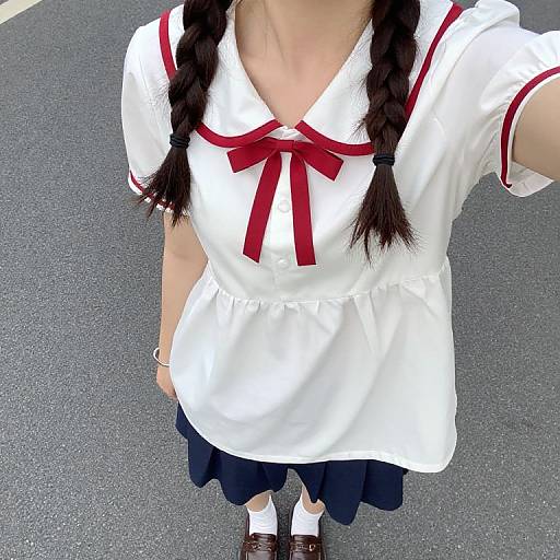 Photograph of a young girl in a white sailor dress with red trim, black braided pigtails, navy skirt, and brown shoes, standing