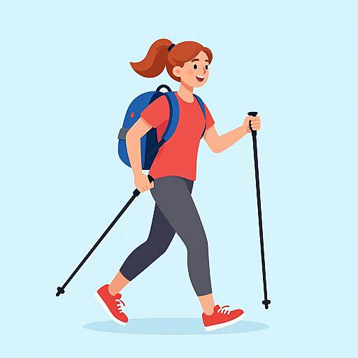 Digital illustration of a smiling, red-haired woman in a red shirt, black pants, red shoes, blue backpack, and using trekking poles.