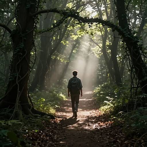 Photograph of a solitary hiker, silhouetted, walking through a sunlit forest path. Tall trees arch overhead, sunlight streams through leaves