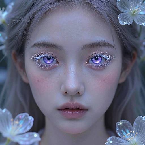 Digital painting of a fair-skinned, blue-eyed girl with glowing, luminescent eyes, surrounded by translucent white flowers, creating a magical, eth