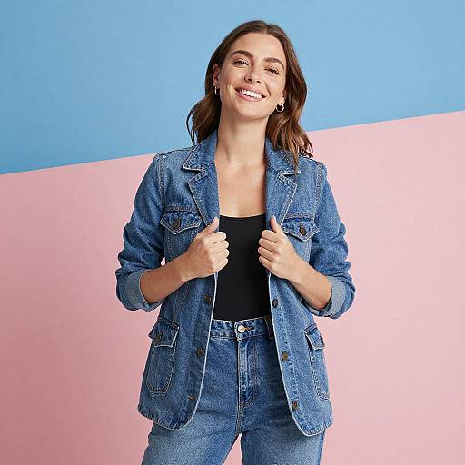 Smiling Woman in Blue Denim Suit