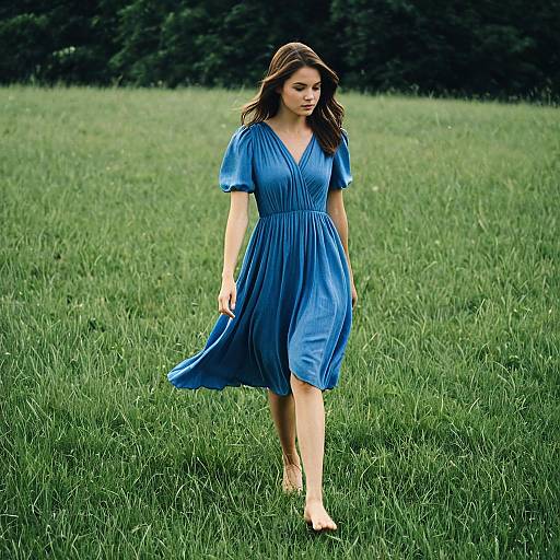 Woman in Blue Dress Walking Barefoot in Grass