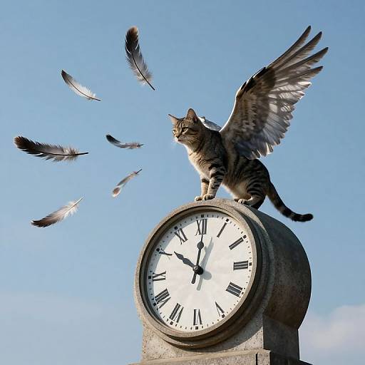Photograph of a tabby cat with wings, sitting on a clock tower, surrounded by flying feathers against a clear blue sky.