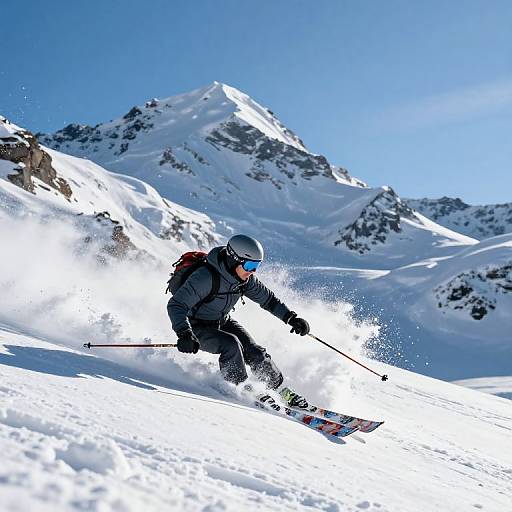 Photograph of a skier in black gear and blue helmet, carving through snow with ski poles, against a bright blue sky and snowy mountain peaks.