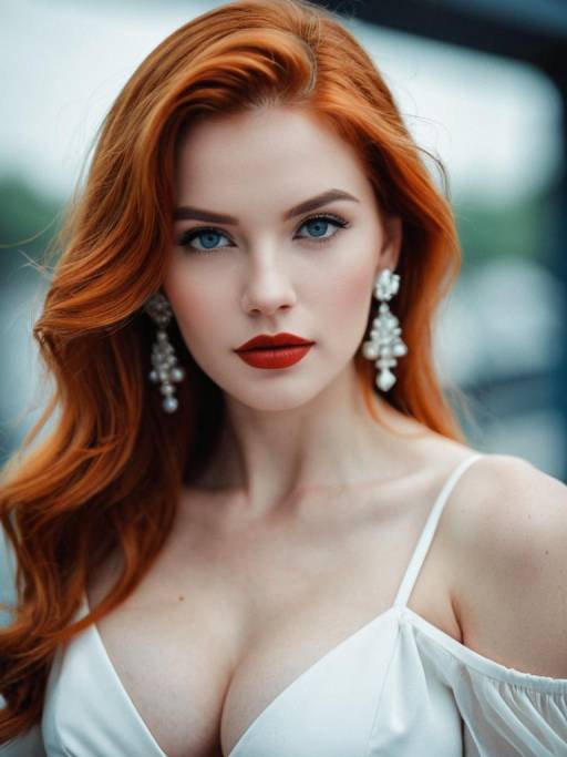 Red-haired woman in white dress with blue eyes