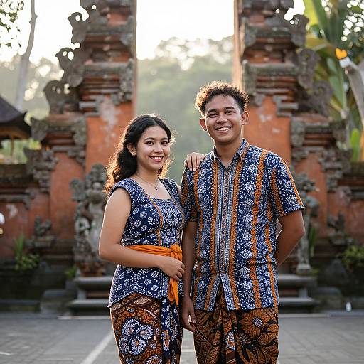 Photograph of a smiling Asian couple standing in front of an ancient, weathered brick temple, wearing matching blue floral shirts with orange sashes. Sun