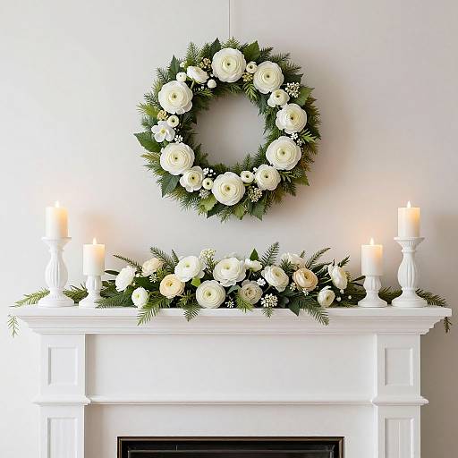Photograph of a white fireplace adorned with a wreath and garland of white roses, accented by three lit candles.