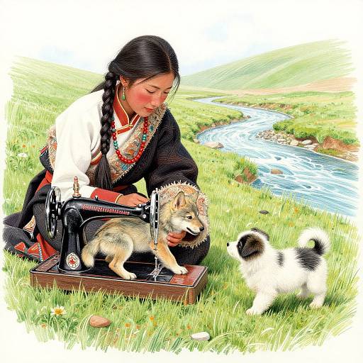 Digital painting of a Native American woman with braided hair, traditional black and white dress, sewing by a river, with a wolf puppy and black-and