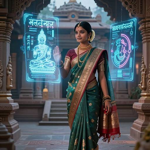 Photograph of a dark-skinned Indian woman in a green and gold traditional sari, standing in a temple, with glowing neon holograms of de
