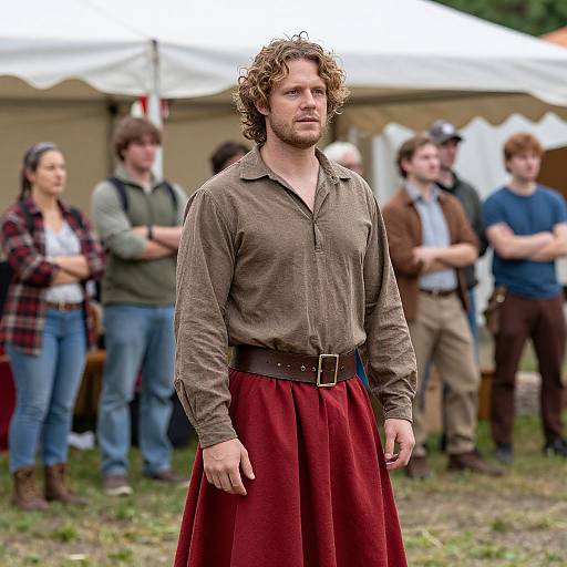 Photograph of a curly-haired, bearded man in a brown shirt and red kilt, standing outdoors with blurred people in casual attire behind him,