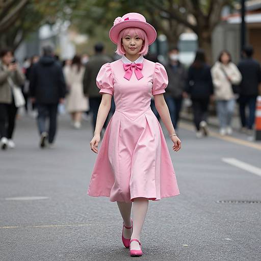Photograph of a young woman in a pink, puffy-sleeved, knee-length dress and matching hat, walking confidently on a city street with