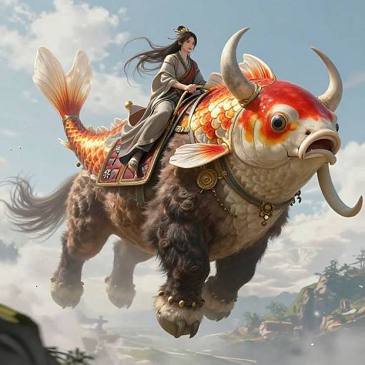 Digital art of an Asian woman with long black hair riding a fantastical, red-orange fish-horned, fluffy brown beast through a bright, cloudy