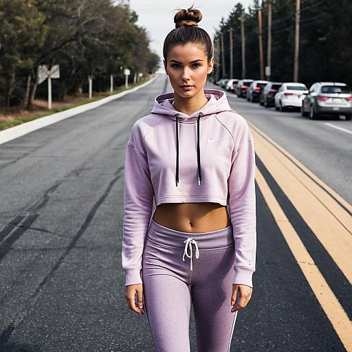 Young Woman in Pink Jogging Outfit on Road