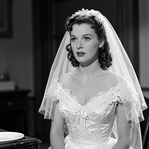 Black-and-white photograph of a 1940s-style bride with curly hair, wearing a lace off-shoulder wedding dress and veil, looking thought
