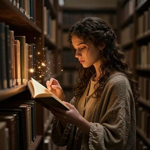 Photograph of a young woman with curly brown hair, wearing a textured brown cardigan, reading a book in a dimly lit library, surrounded by