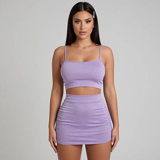 Photograph of a young woman with long black hair, tan skin, wearing a lavender crop top and matching mini skirt, standing against a plain white background