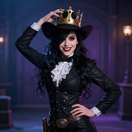 Woman in Black Leather Outfit with Crown and Hat