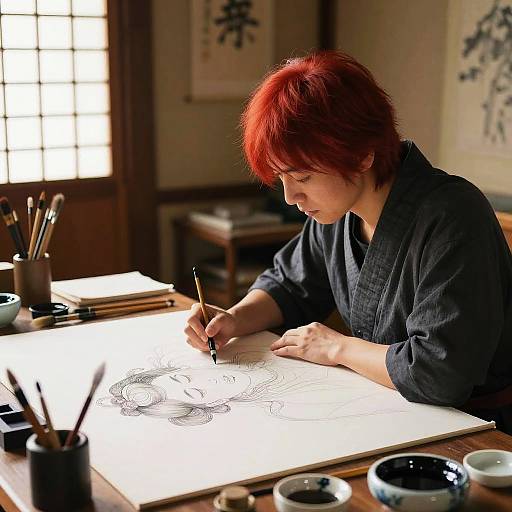 Red-Haired Japanese Artist Painting
