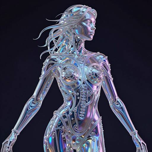 Digital CGI image of a translucent, glowing, humanoid female figure with intricate, metallic-like patterns and reflective surfaces against a black background.