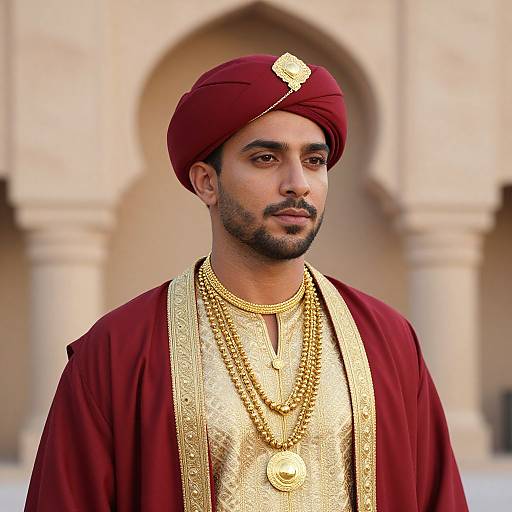 Photograph of a handsome South Asian man with a dark beard, wearing a maroon turban, gold-embroidered red robe, and multiple