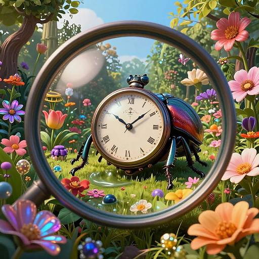Photograph of a realistic beetle with a clock on its back, viewed through a magnifying glass, surrounded by colorful flowers and a sunny garden background.