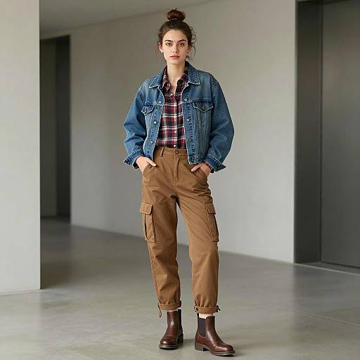 Woman in Casual Denim and Cargo Pants Outfit
