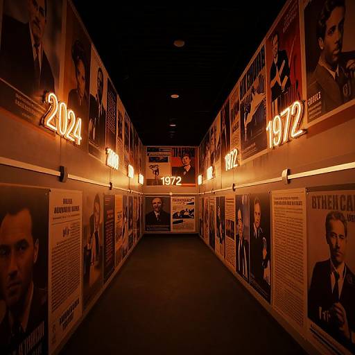 Photograph of a dimly lit hallway adorned with vintage 1970s movie posters, illuminated by warm orange neon lights reading 