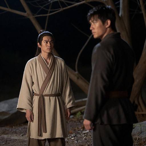 Two Men in Nighttime Forest Conversation