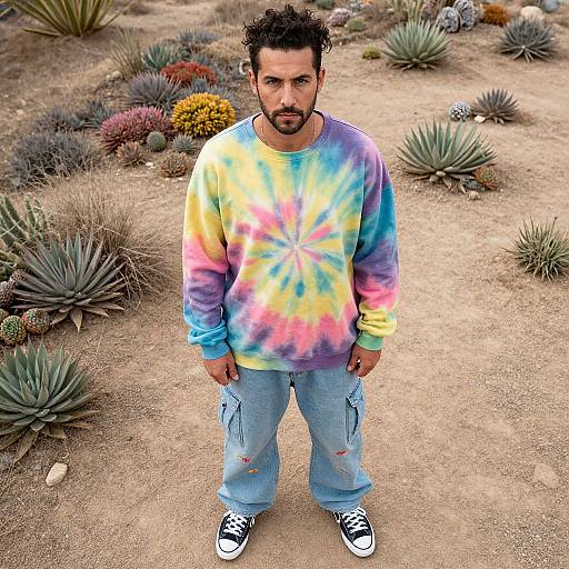 Photograph of a bearded man with curly hair wearing a colorful tie-dye sweatshirt, light blue jeans, and black Converse shoes, standing