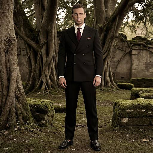 Photograph of a serious man in a black suit, white shirt, and maroon tie, standing in a mossy, tree-filled, overgrown